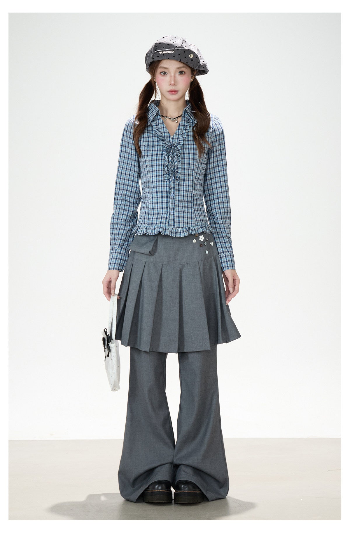 Pleated Skirt-Layer Flared Pants