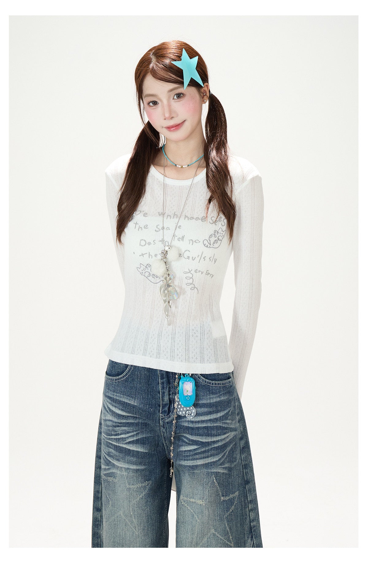 Sheer Cat Doodle Long Sleeve Top, Polka-Dot Cami & Washed Wide-Leg Jeans