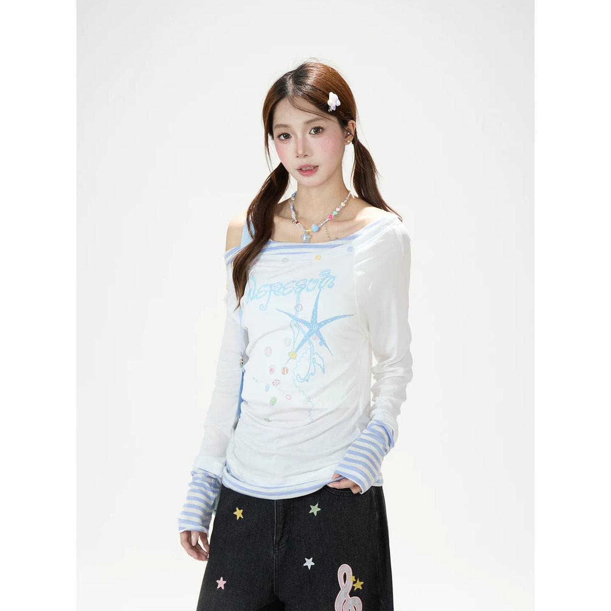 Starfish Stripe Off-Shoulder Layered Long Sleeve Top & Graphic Wide-Leg Pants