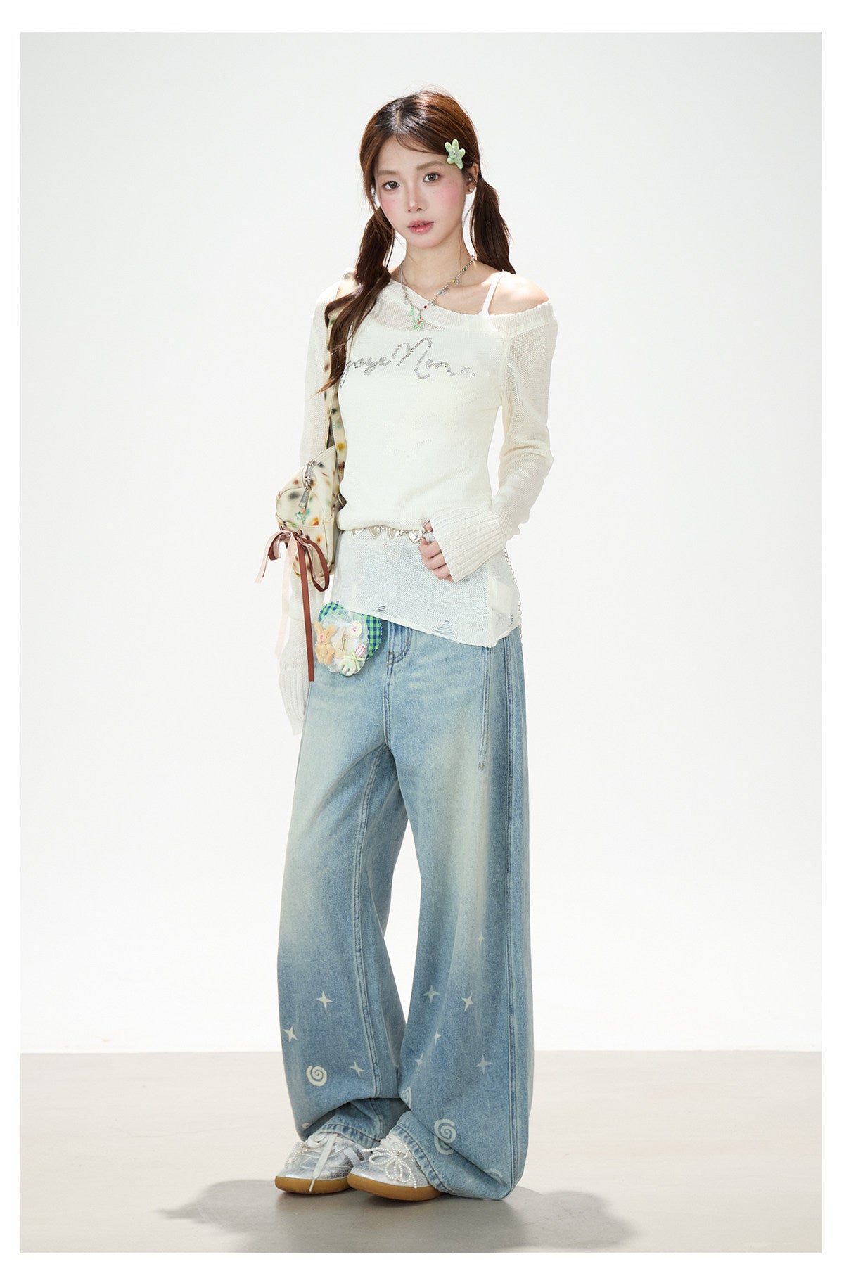 Playful Star Print Washed Wide-Leg Jeans