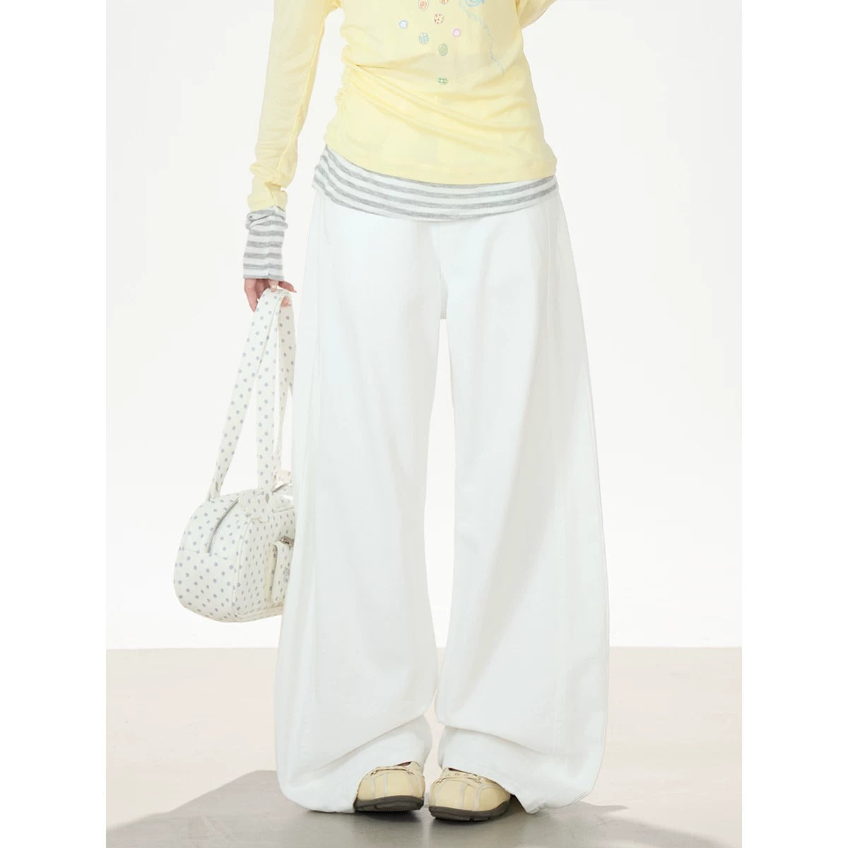 Starfish Off-Shoulder Layered Long Sleeve Top & White Wide-Leg Pants