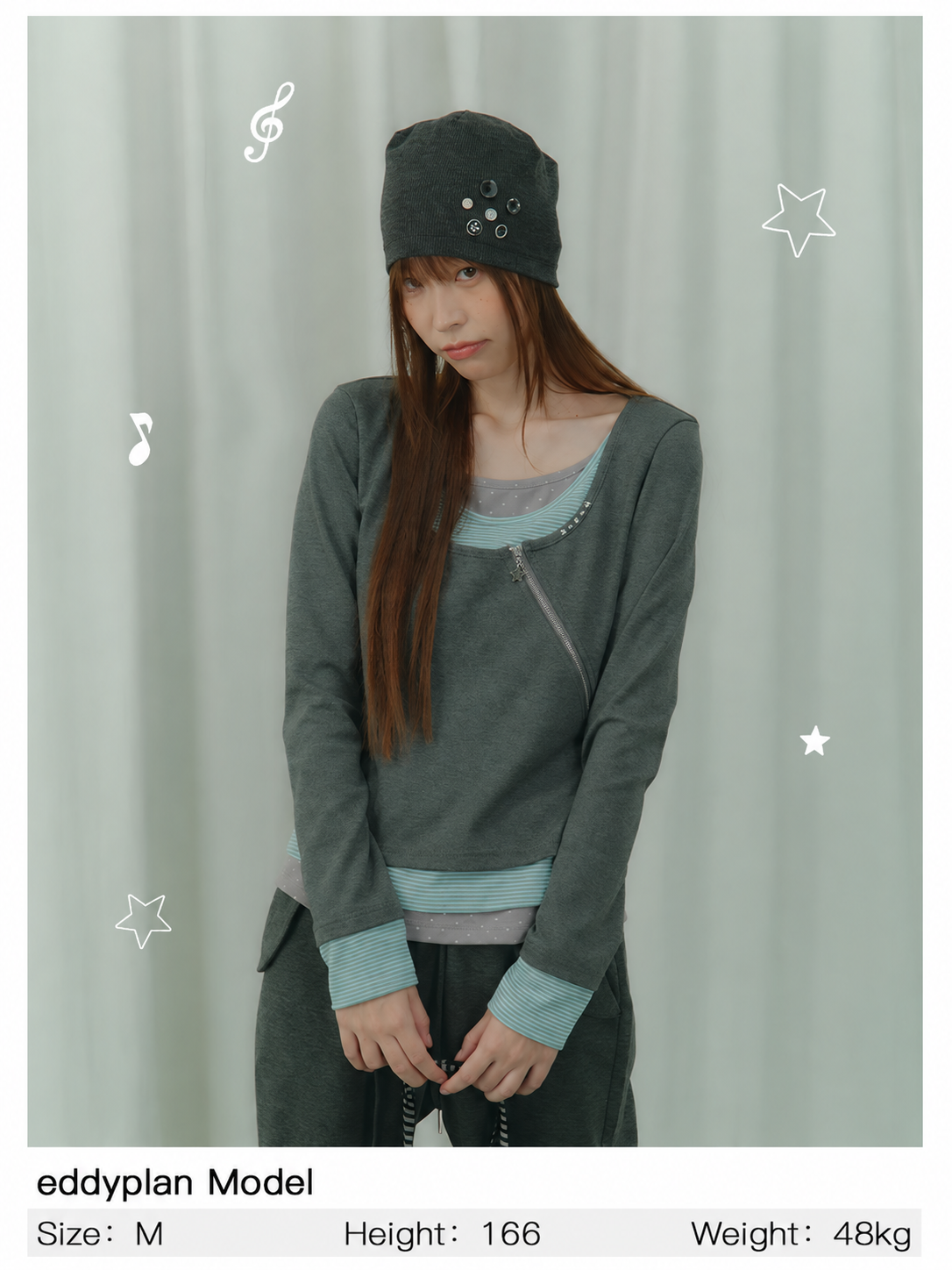 Diagonal Zip Faux-Layer Long Sleeve Top