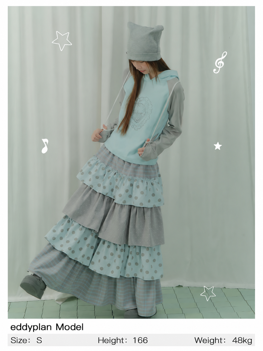 Gray-Blue Polka Dot Tiered Maxi Skirt