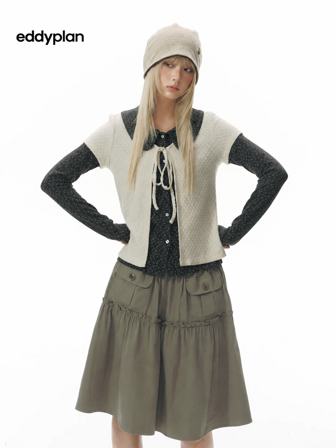 Doll-Collar Long Sleeve & Tie-Front Cardigan Set