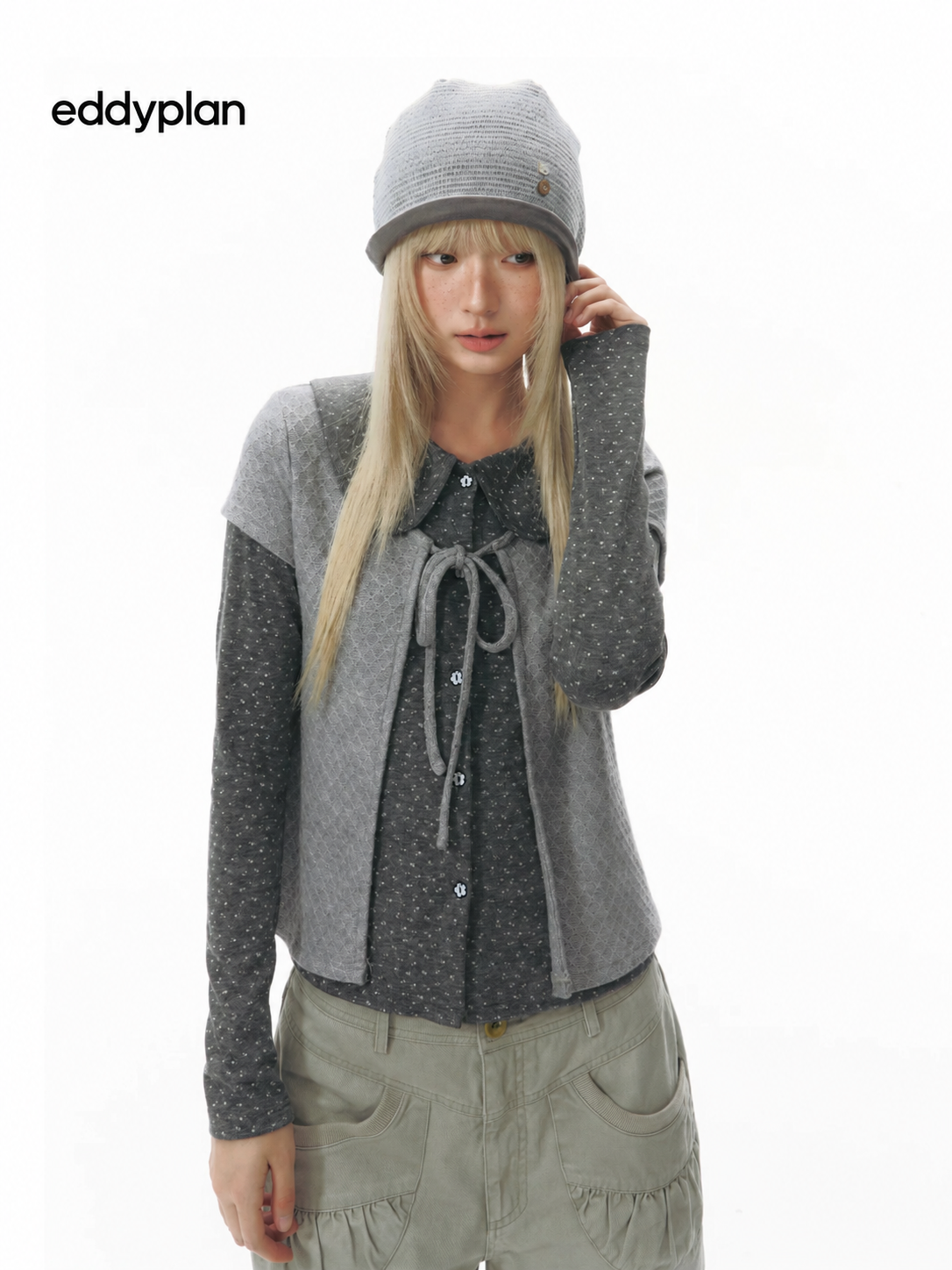 Doll-Collar Long Sleeve & Tie-Front Cardigan Set