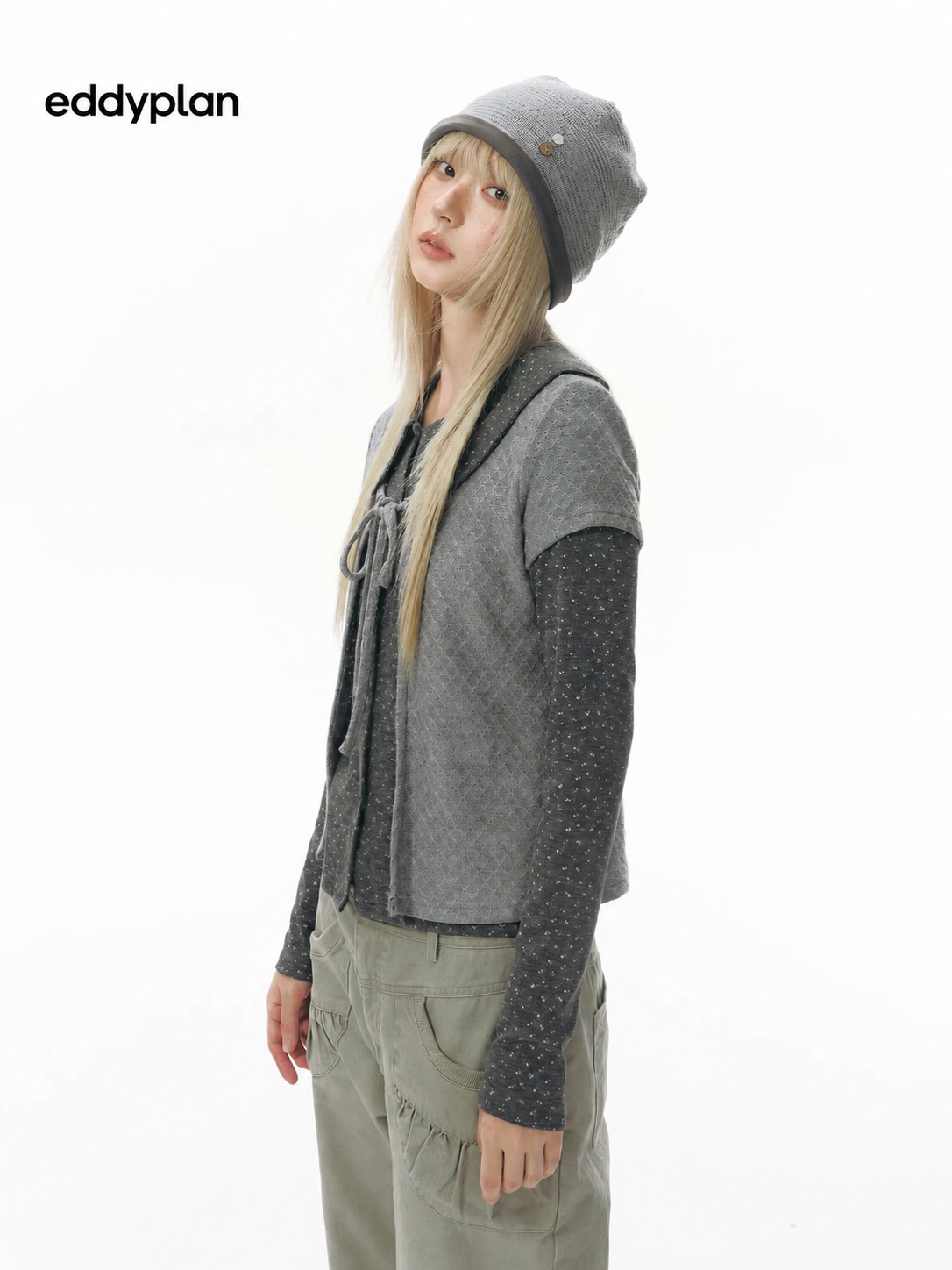 Doll-Collar Long Sleeve & Tie-Front Cardigan Set