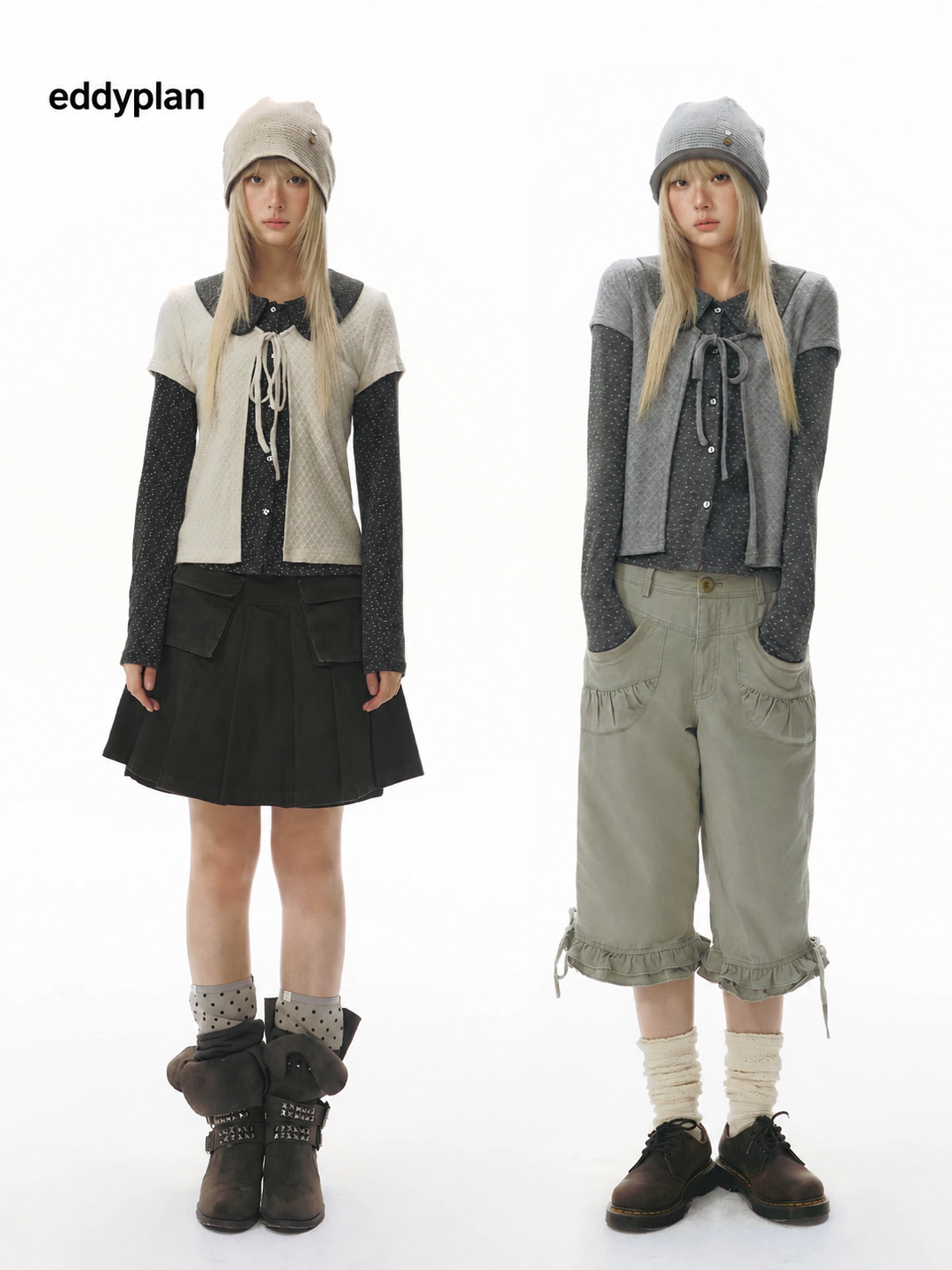 Doll-Collar Long Sleeve & Tie-Front Cardigan Set