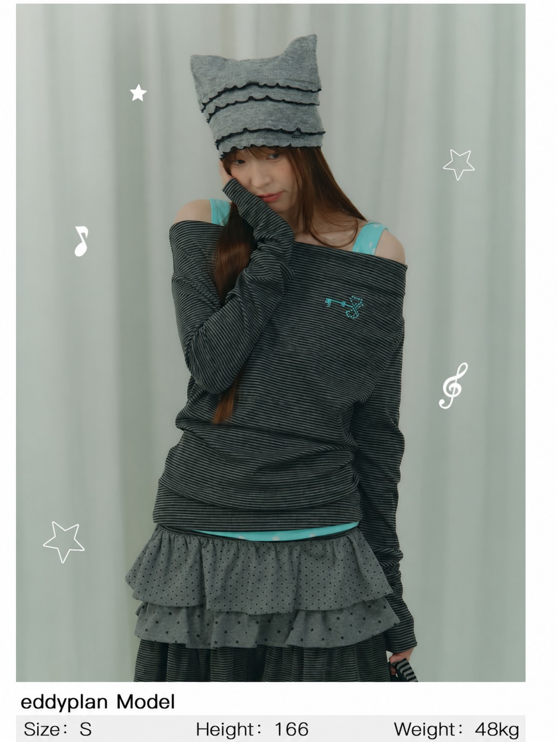 Charcoal Stripe Off-Shoulder Faux-Layer Long Sleeve Top