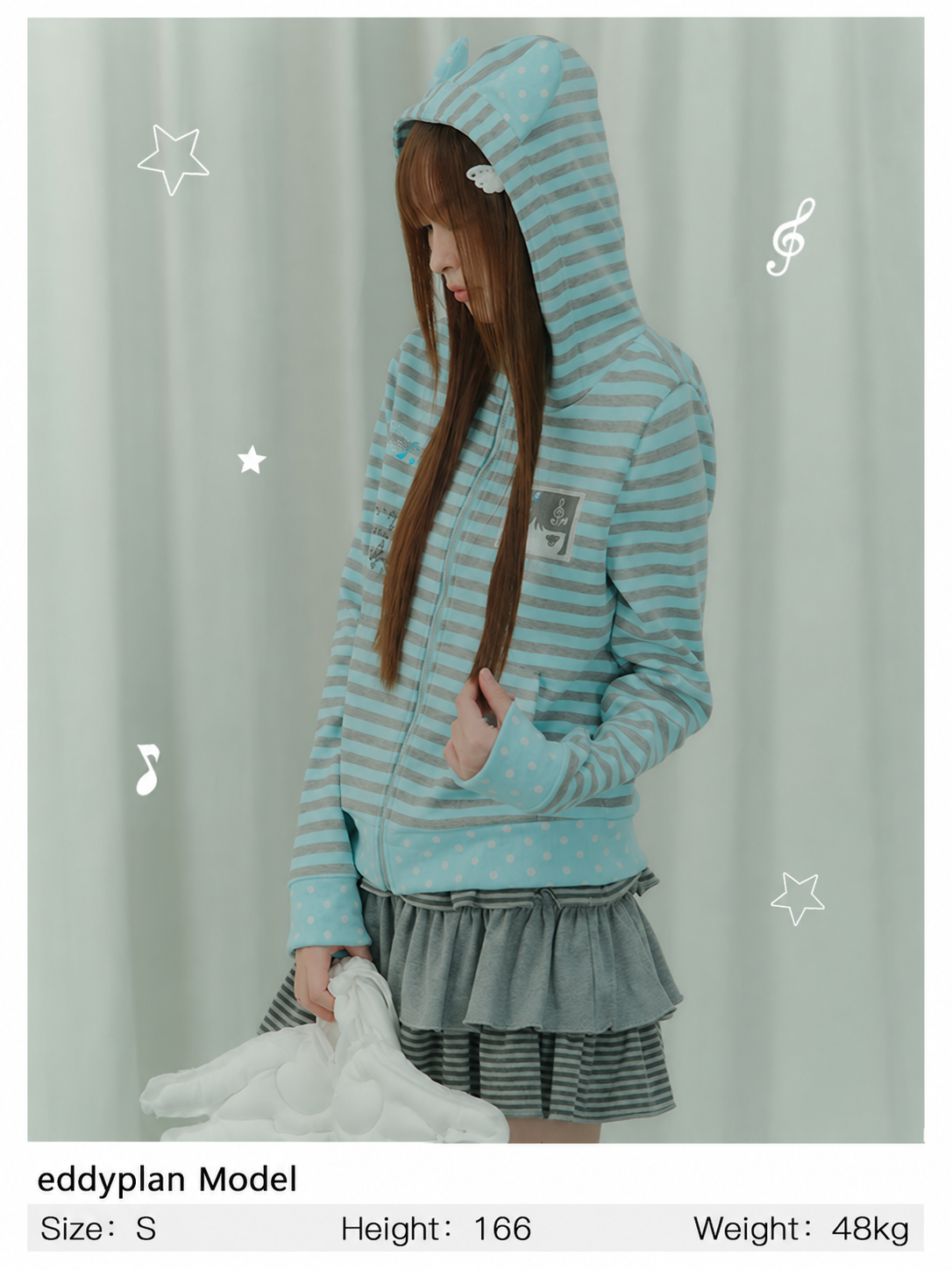 Mint & Gray Stripe Cat-Ear Zip Hoodie