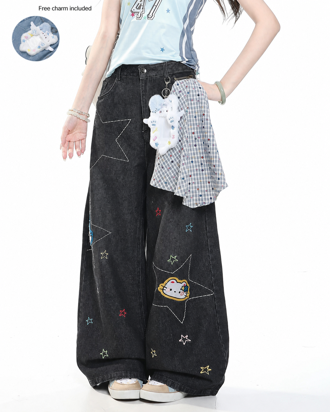 Star Kitty Embroidered Wide-Leg Jeans with Plush Charm