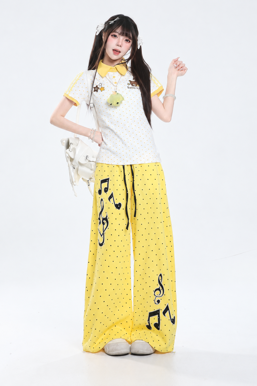 Polka-Dot Music Note Embroidered Wide-Leg Pants
