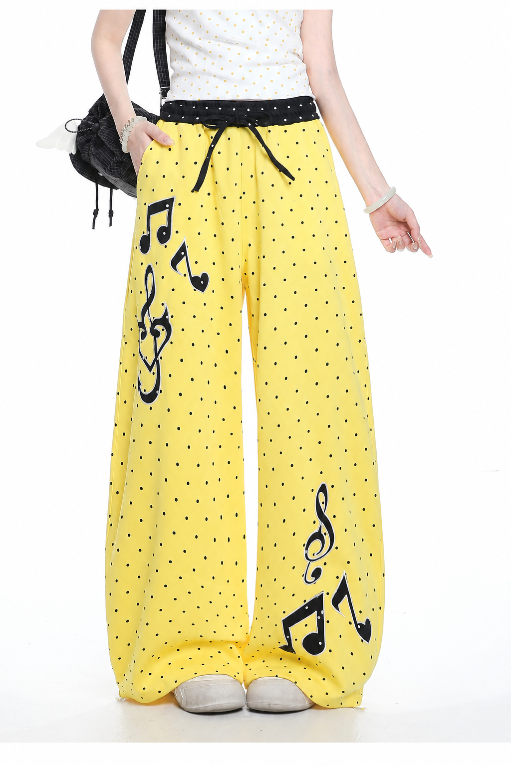 Polka-Dot Music Note Embroidered Wide-Leg Pants