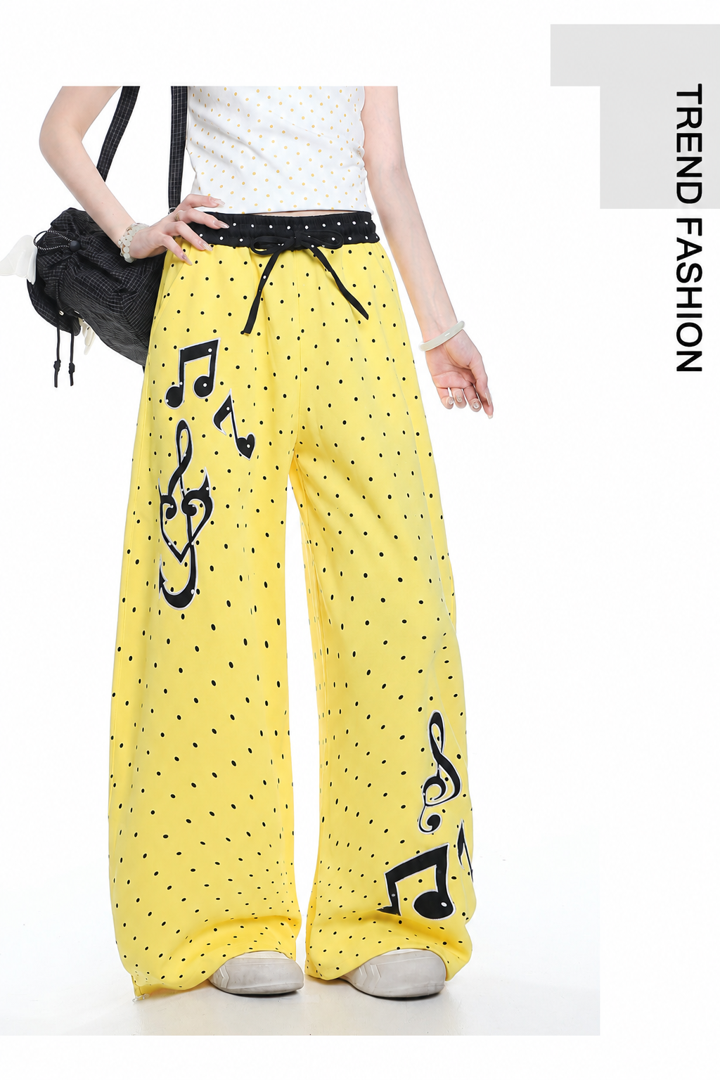 Polka-Dot Music Note Embroidered Wide-Leg Pants