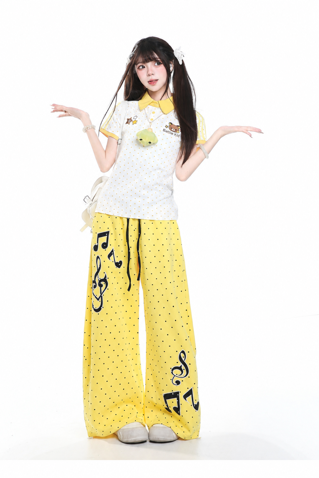 Polka-Dot Music Note Embroidered Wide-Leg Pants