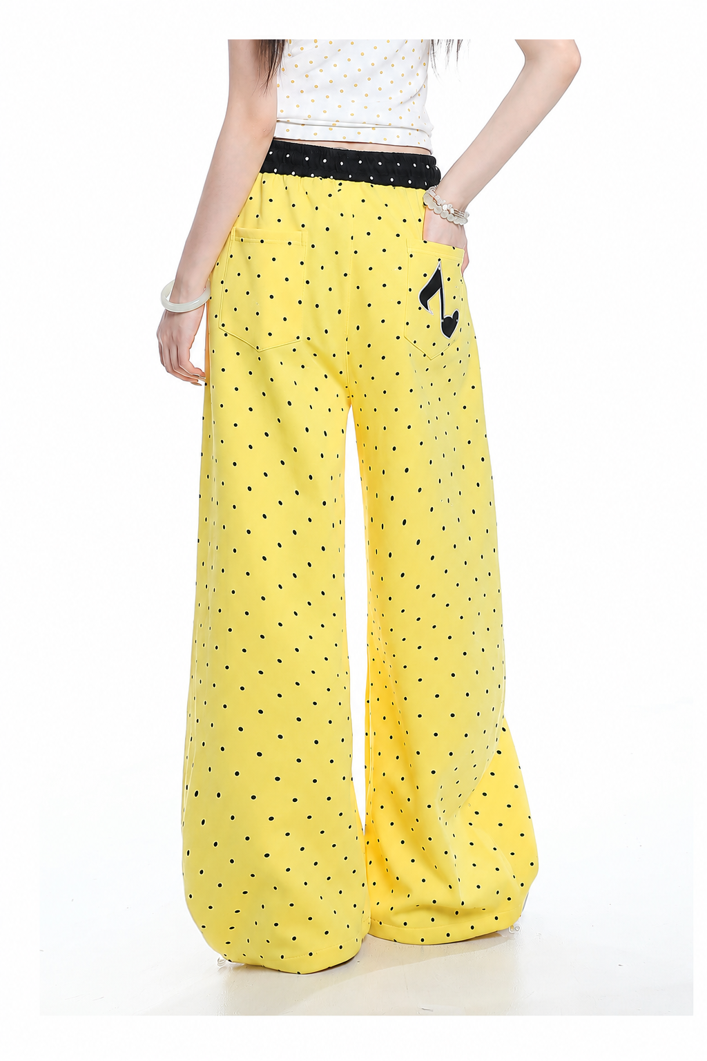 Polka-Dot Music Note Embroidered Wide-Leg Pants