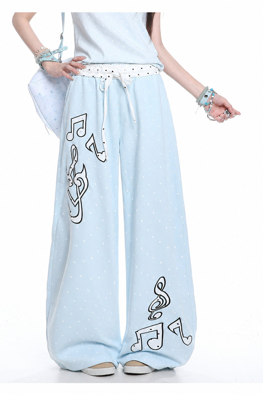 Polka-Dot Music Note Embroidered Wide-Leg Pants