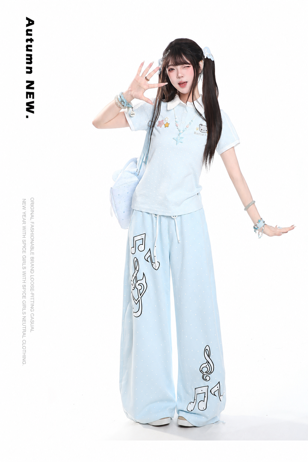 Polka-Dot Music Note Embroidered Wide-Leg Pants