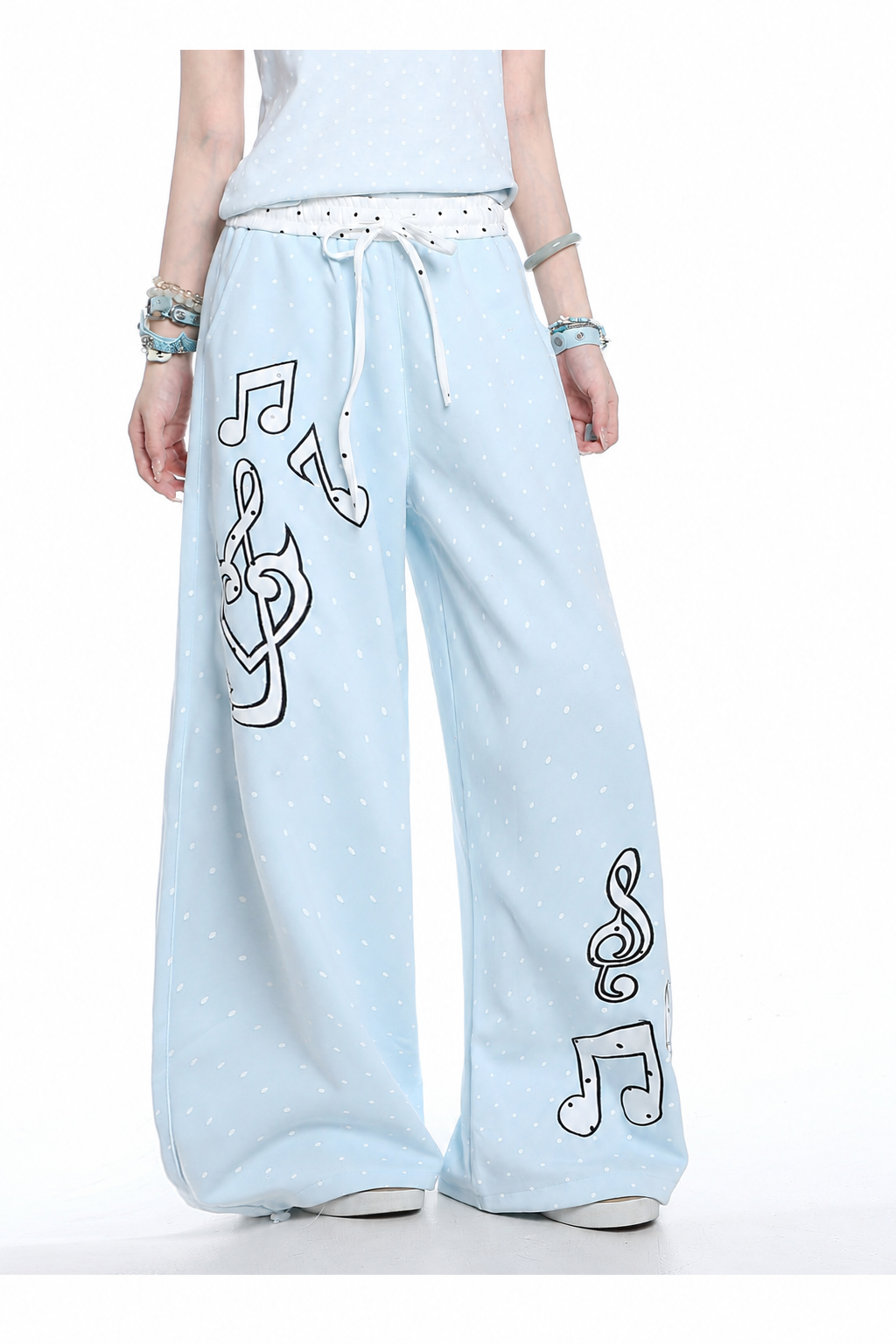 Polka-Dot Music Note Embroidered Wide-Leg Pants