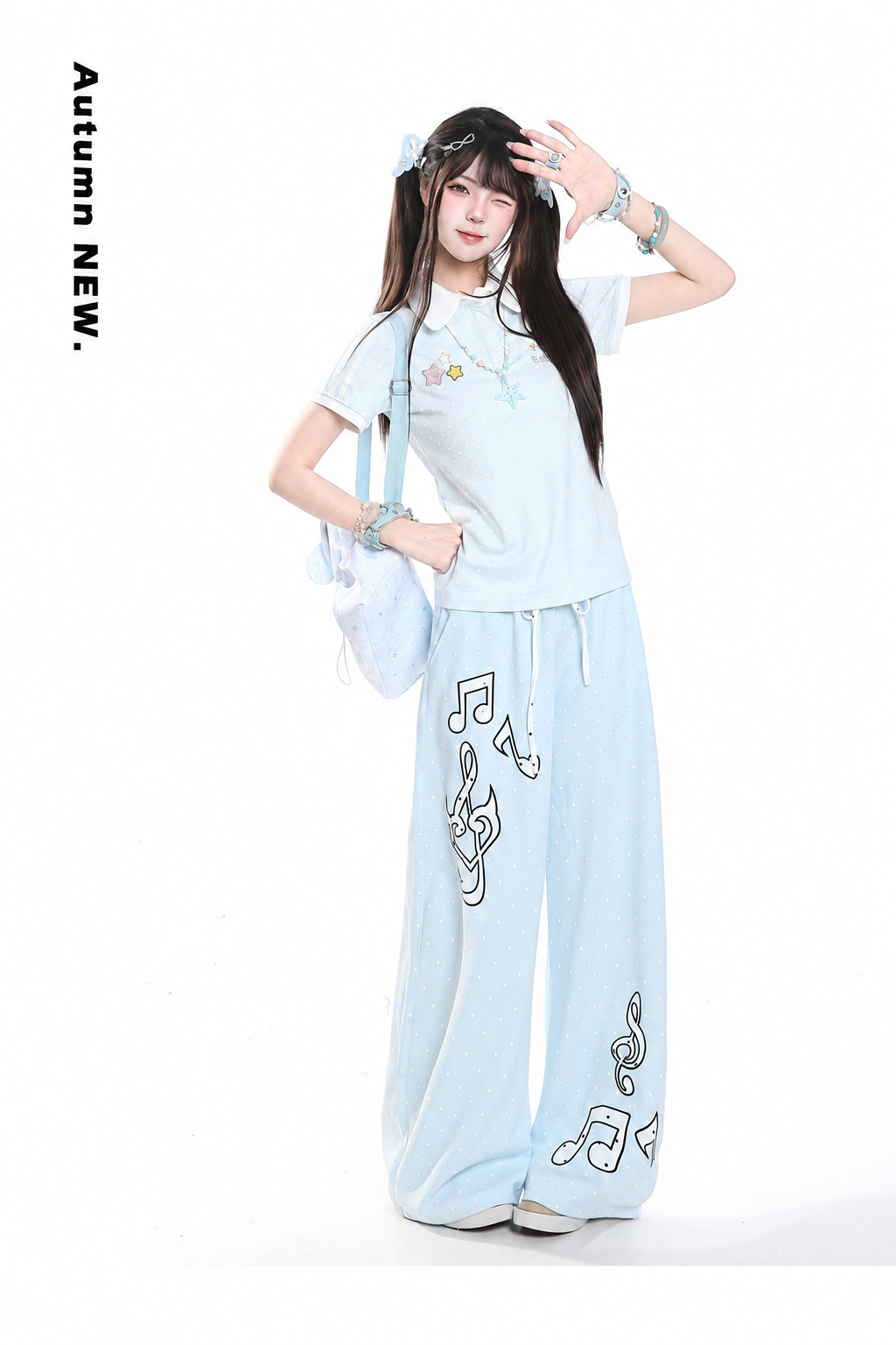Polka-Dot Music Note Embroidered Wide-Leg Pants