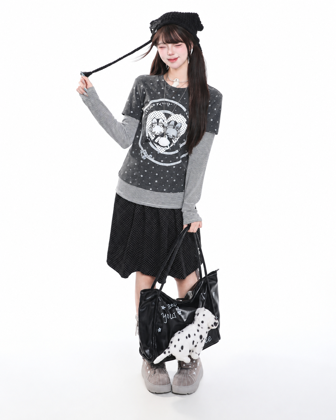 Cartoon Bunny Stripe Layered Long Sleeve Top & Black Polka-Dot Midi Skirt
