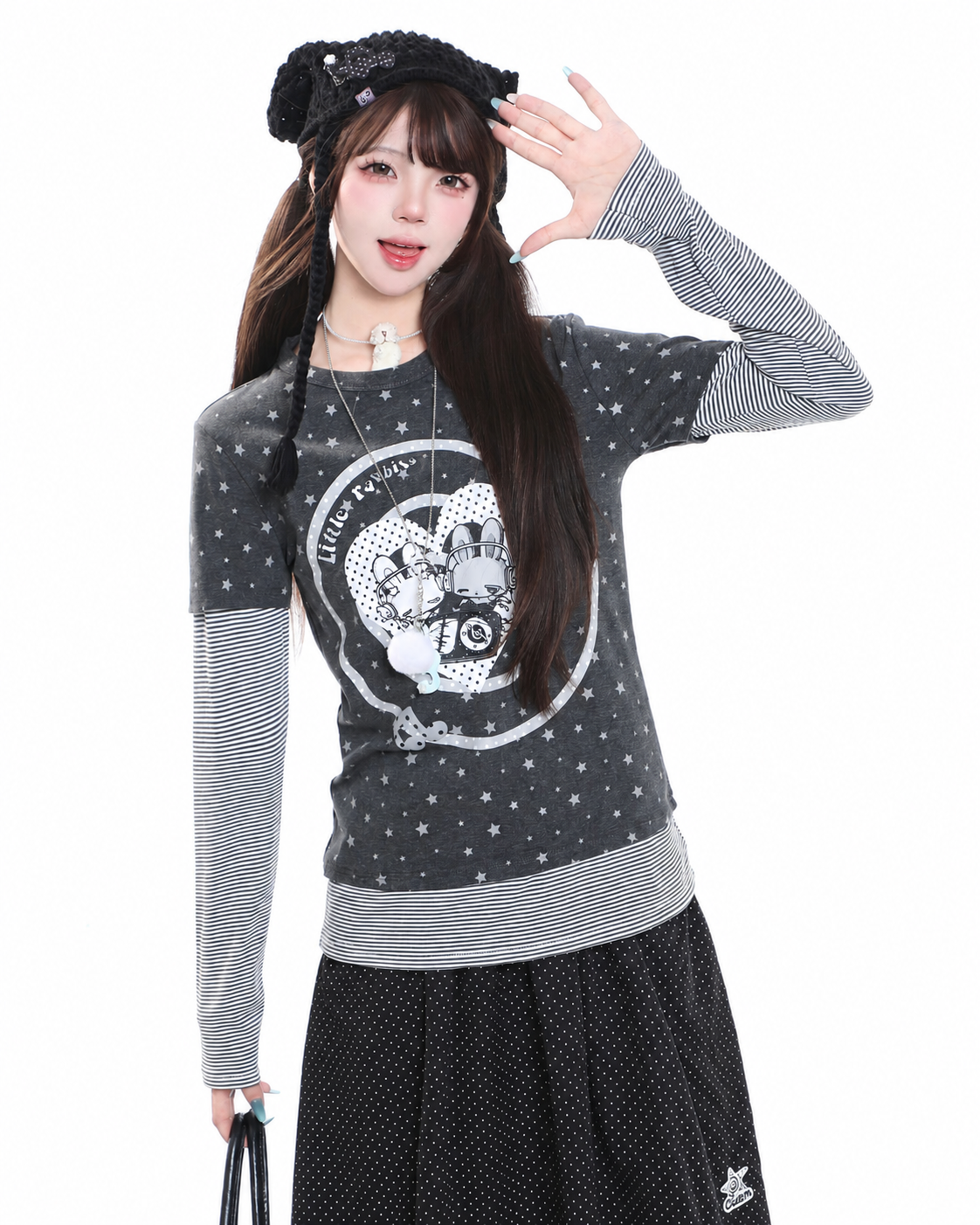 Cartoon Bunny Stripe Layered Long Sleeve Top & Black Polka-Dot Midi Skirt