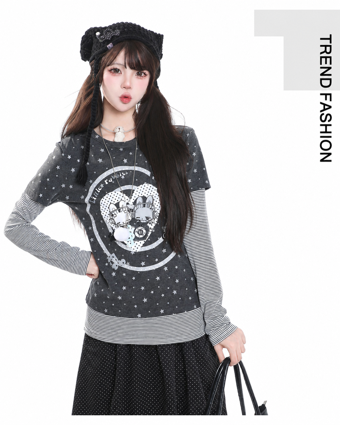 Cartoon Bunny Stripe Layered Long Sleeve Top & Black Polka-Dot Midi Skirt