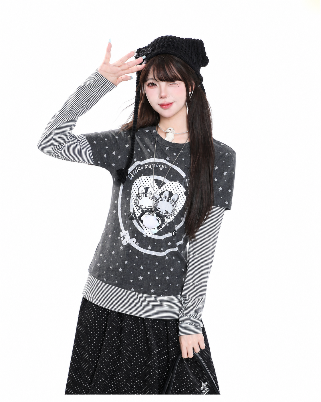 Cartoon Bunny Stripe Layered Long Sleeve Top & Black Polka-Dot Midi Skirt