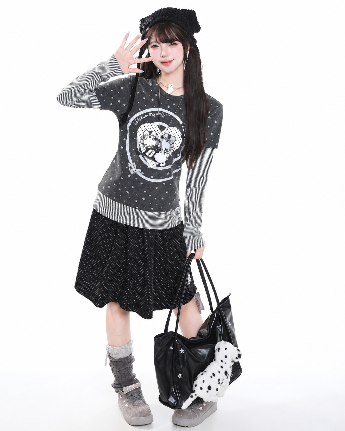 Cartoon Bunny Stripe Layered Long Sleeve Top & Black Polka-Dot Midi Skirt