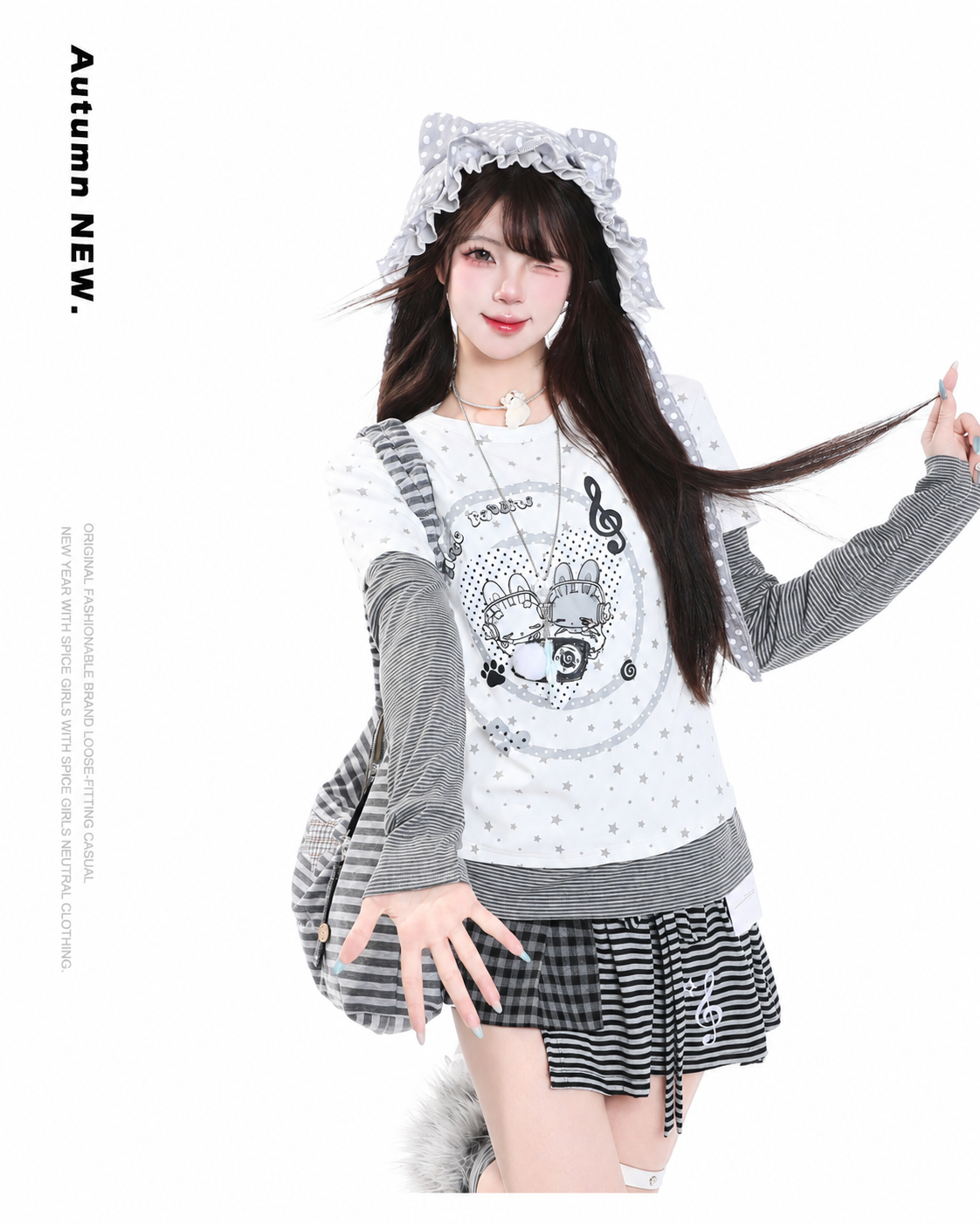 Cartoon Bunny Stripe Layered Long Sleeve Top & Black Polka-Dot Midi Skirt