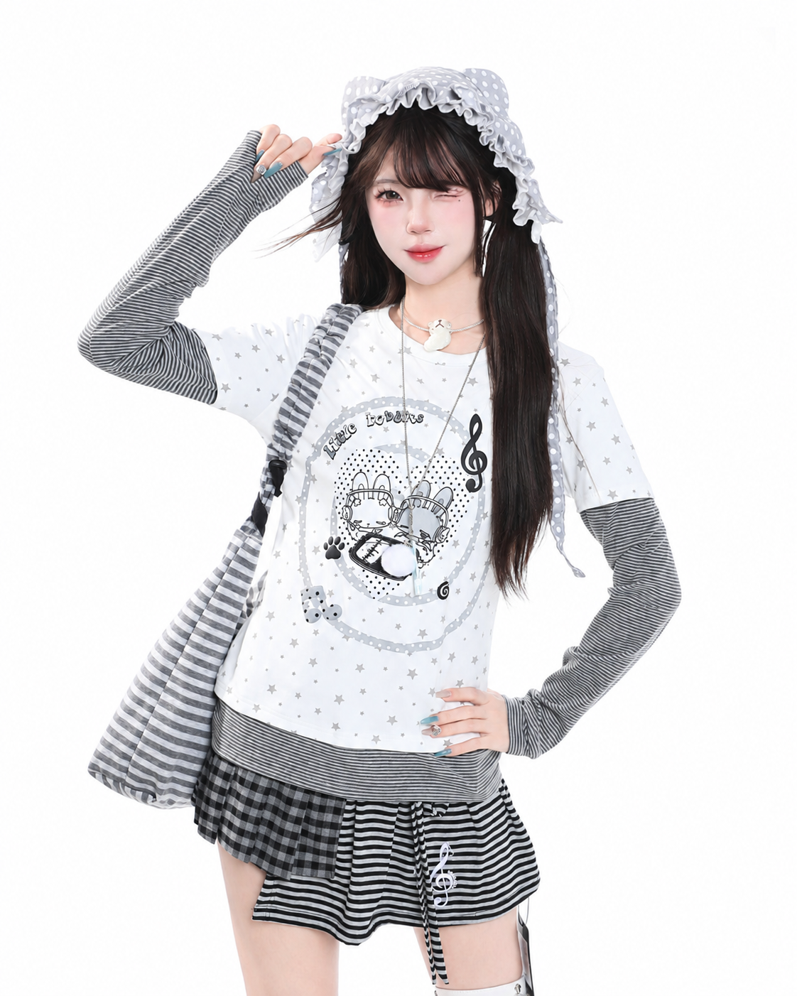 Cartoon Bunny Stripe Layered Long Sleeve Top & Black Polka-Dot Midi Skirt