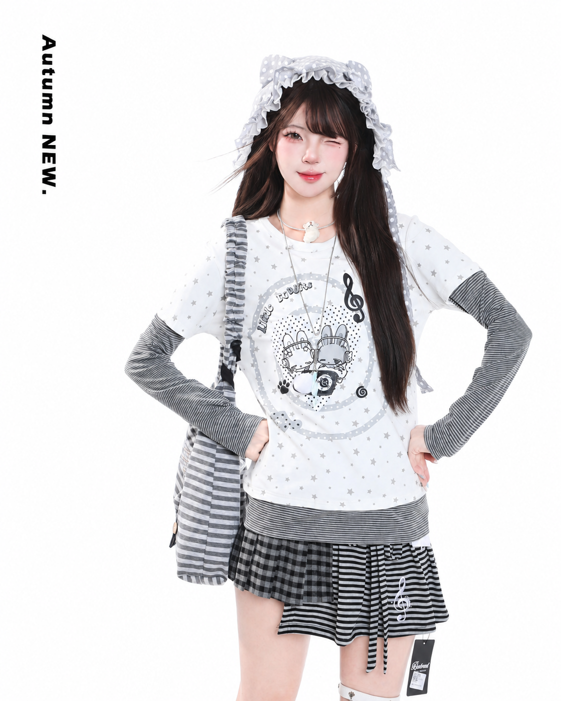 Cartoon Bunny Stripe Layered Long Sleeve Top & Black Polka-Dot Midi Skirt