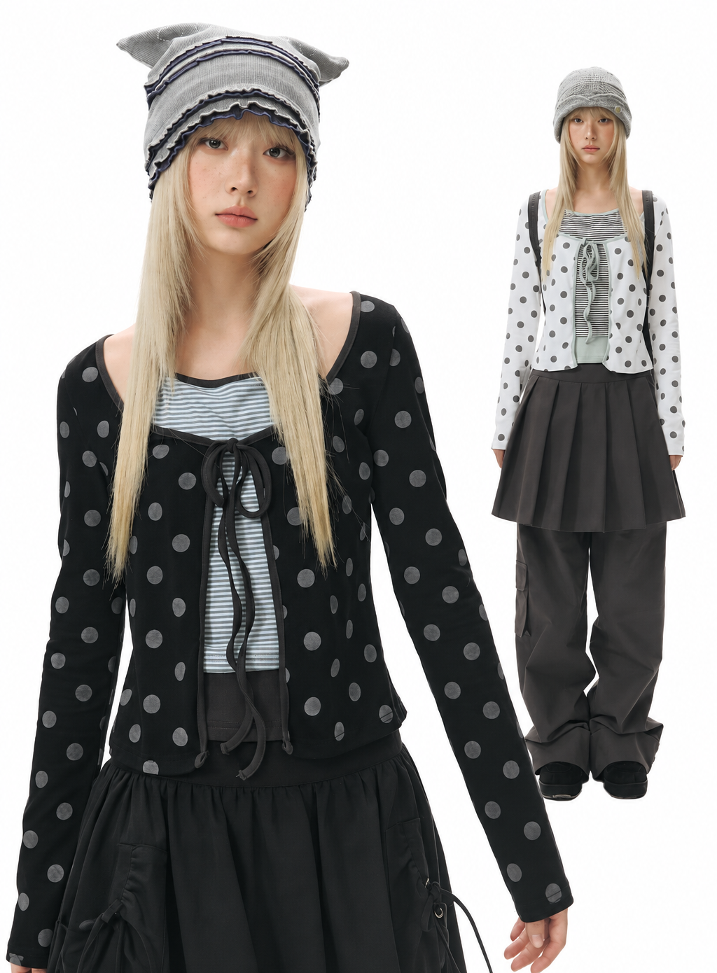 Polka Dot Tie-Front Layered Halter Long Sleeve Top