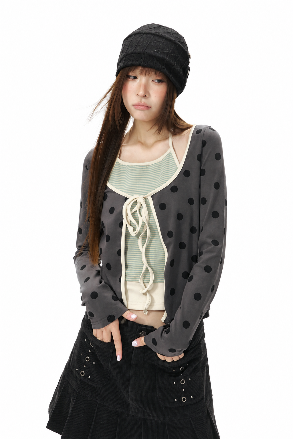 Polka Dot Tie-Front Layered Halter Long Sleeve Top