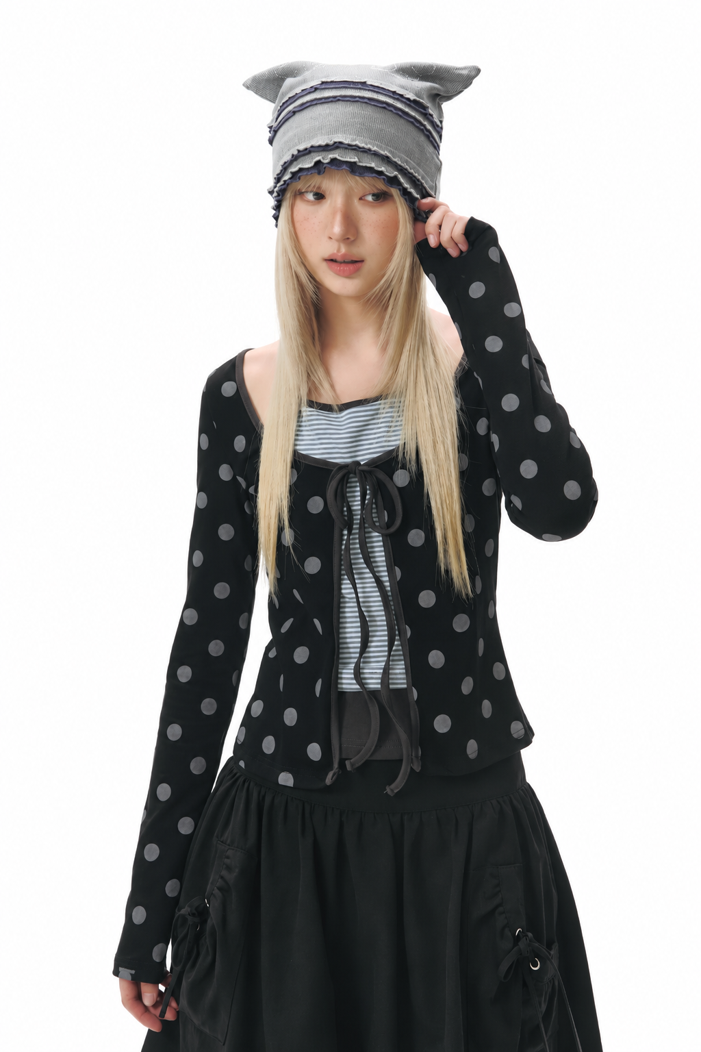 Polka Dot Tie-Front Layered Halter Long Sleeve Top