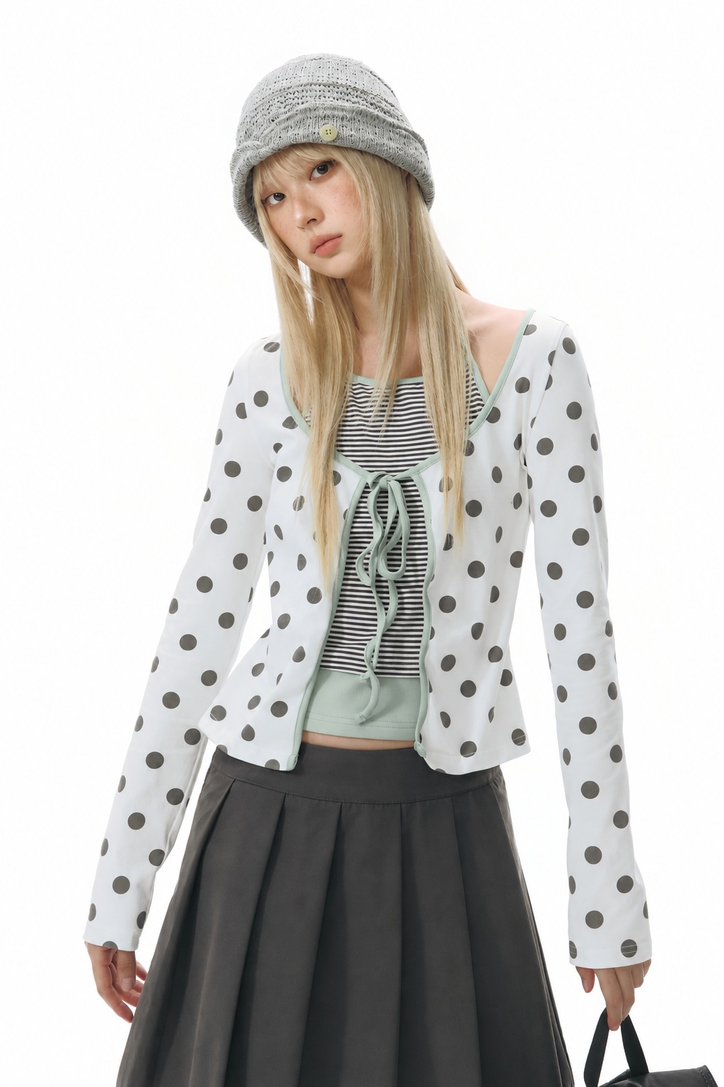 Polka Dot Tie-Front Layered Halter Long Sleeve Top