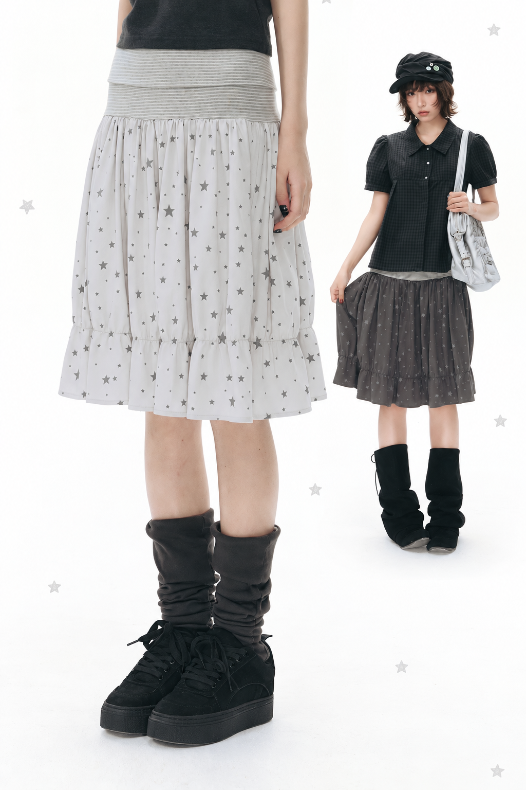 Star Print Striped-Waist Ruffle Midi Skirt