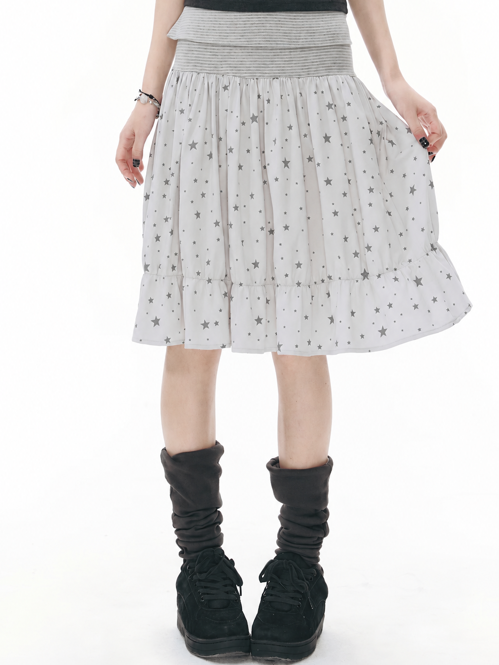 Star Print Striped-Waist Ruffle Midi Skirt