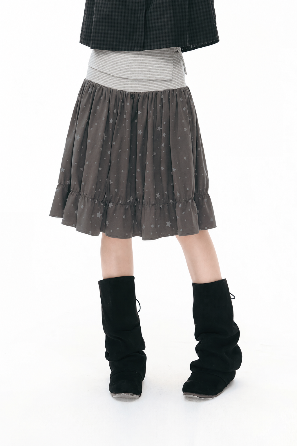Star Print Striped-Waist Ruffle Midi Skirt