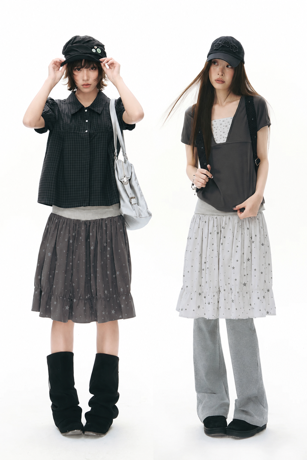 Star Print Striped-Waist Ruffle Midi Skirt