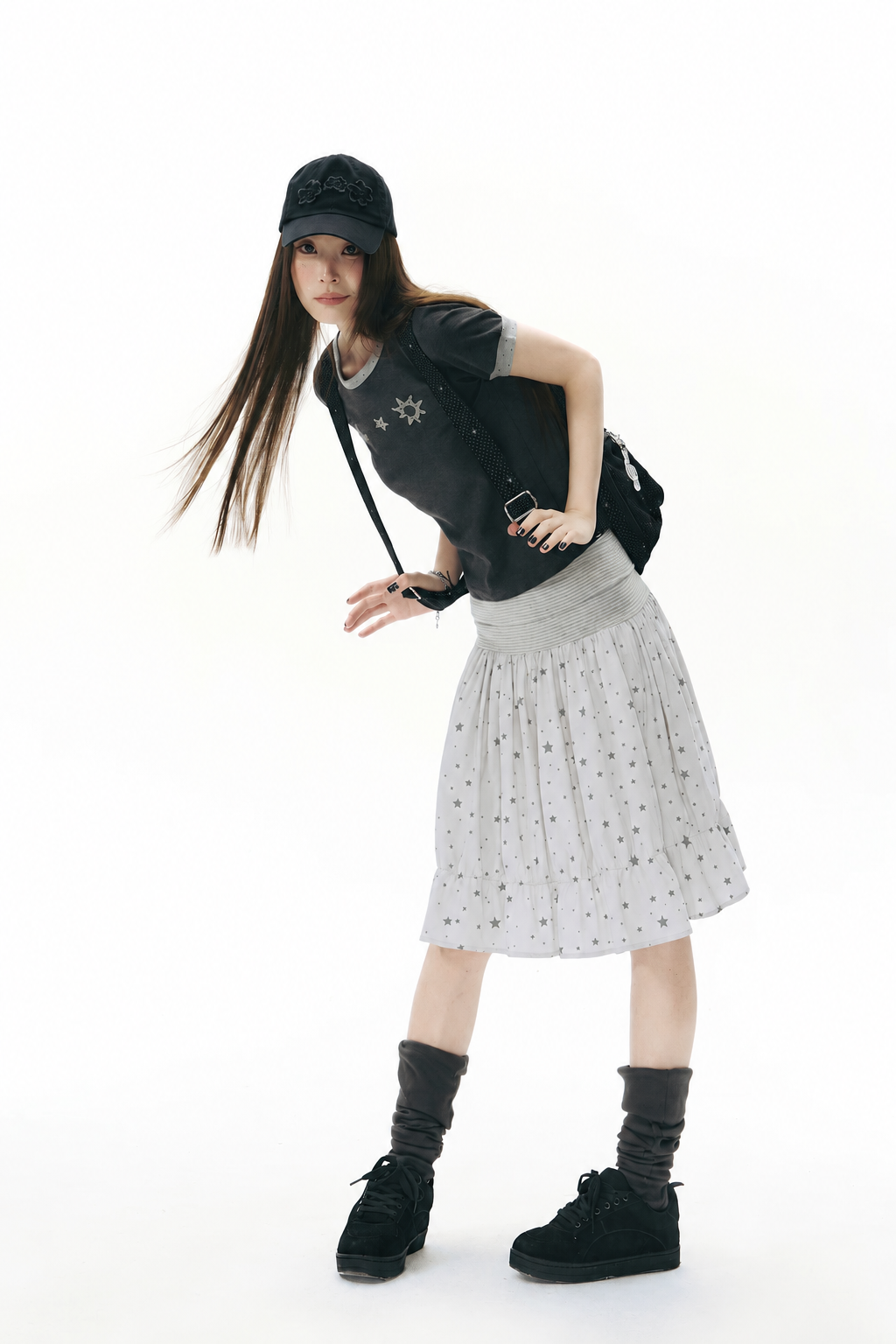 Star Print Striped-Waist Ruffle Midi Skirt