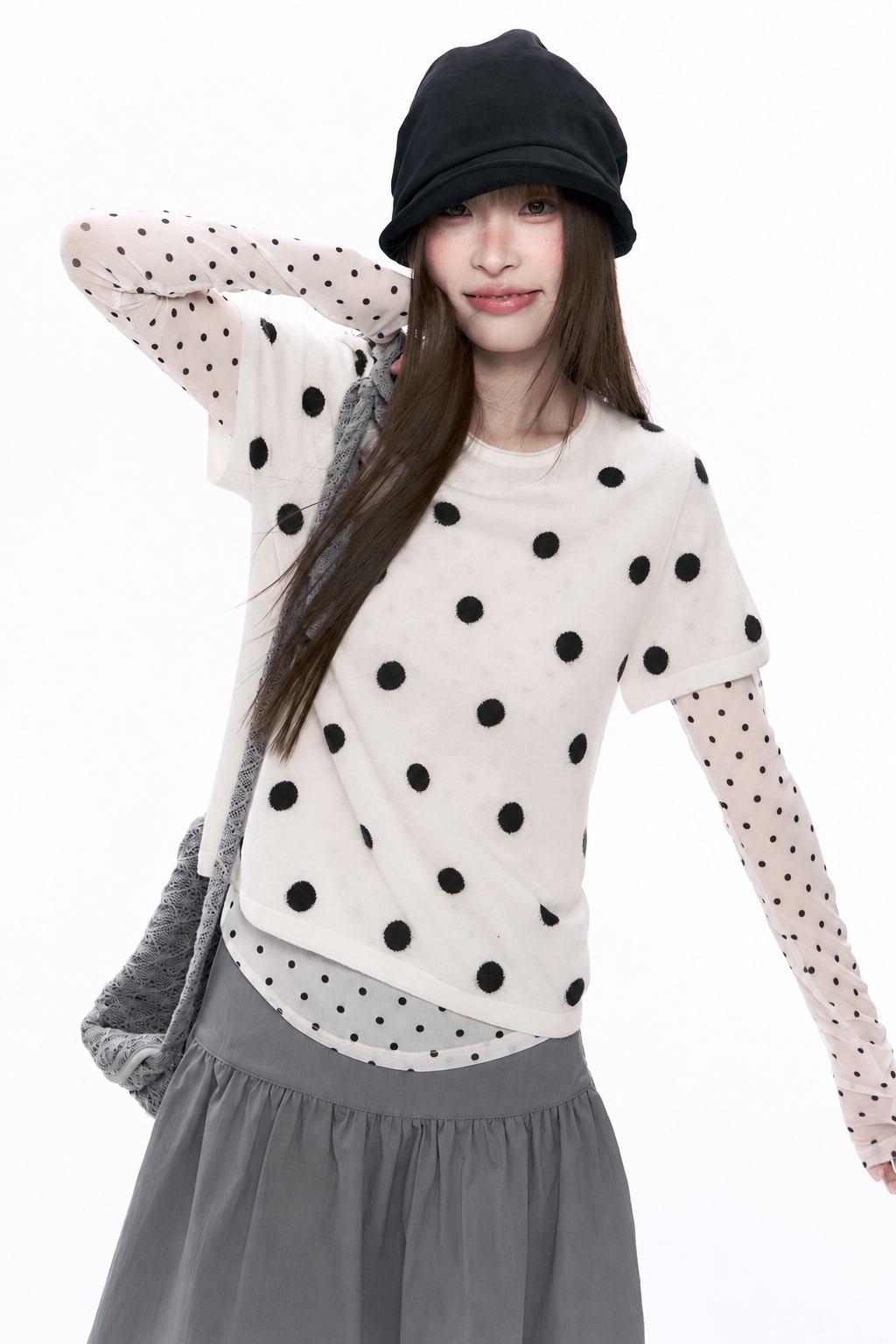 Polka Dot Wool-Blend Short Sleeve Knit Top