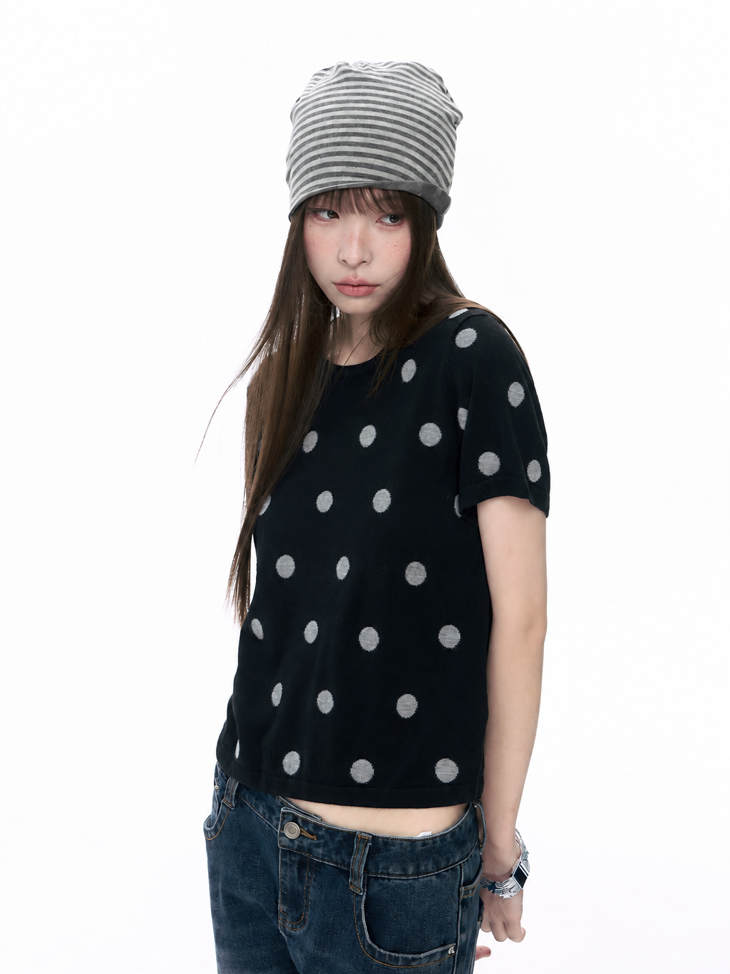 Polka Dot Wool-Blend Short Sleeve Knit Top
