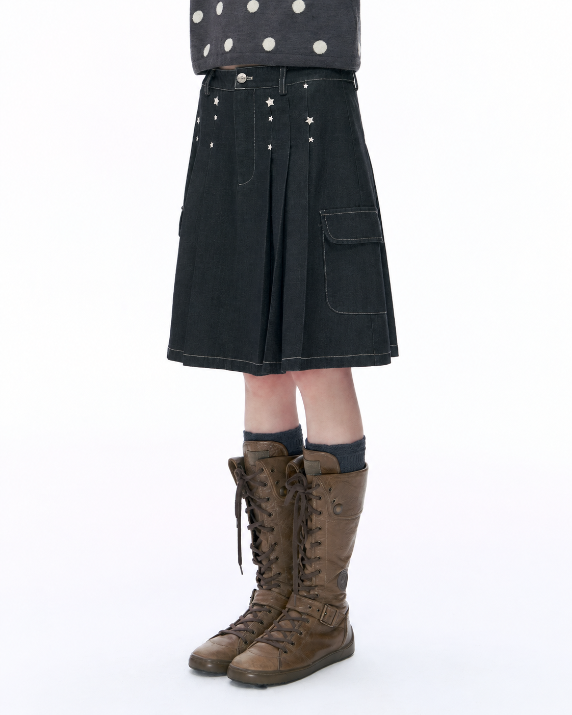 Embroidered Star Pleated Denim Midi Skirt