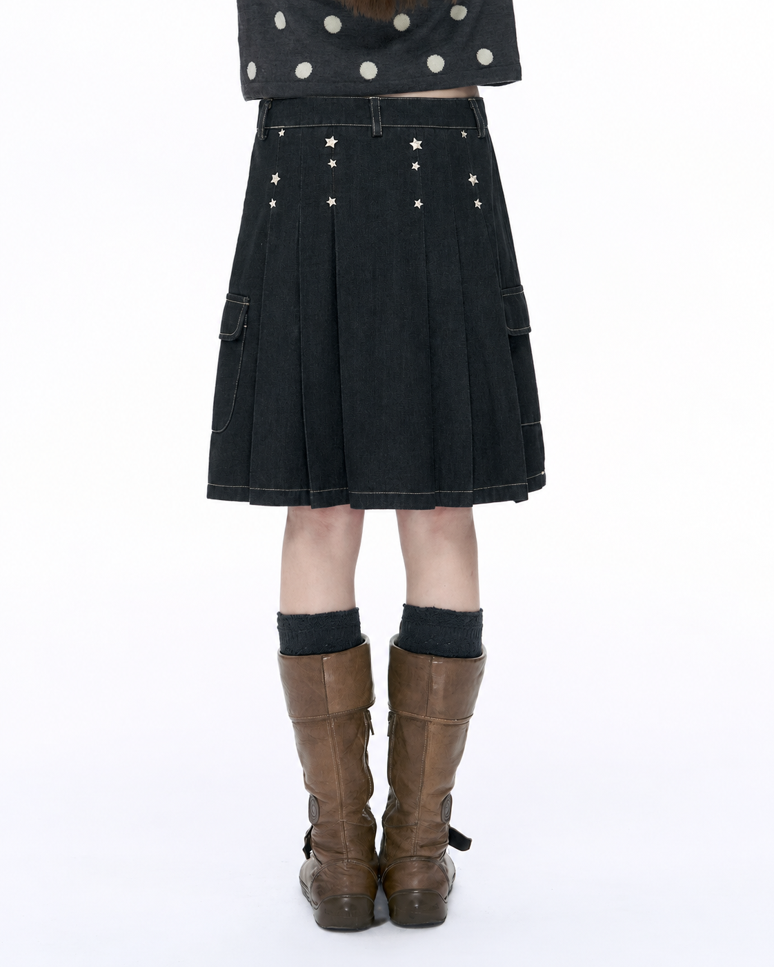 Embroidered Star Pleated Denim Midi Skirt
