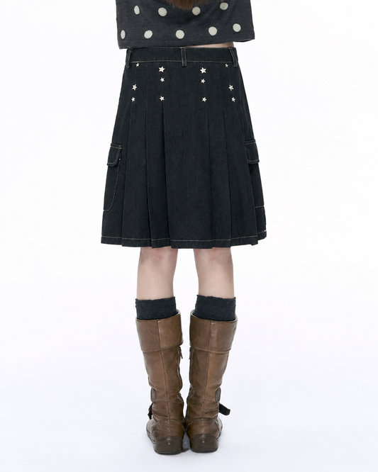 Embroidered Star Pleated Denim Midi Skirt