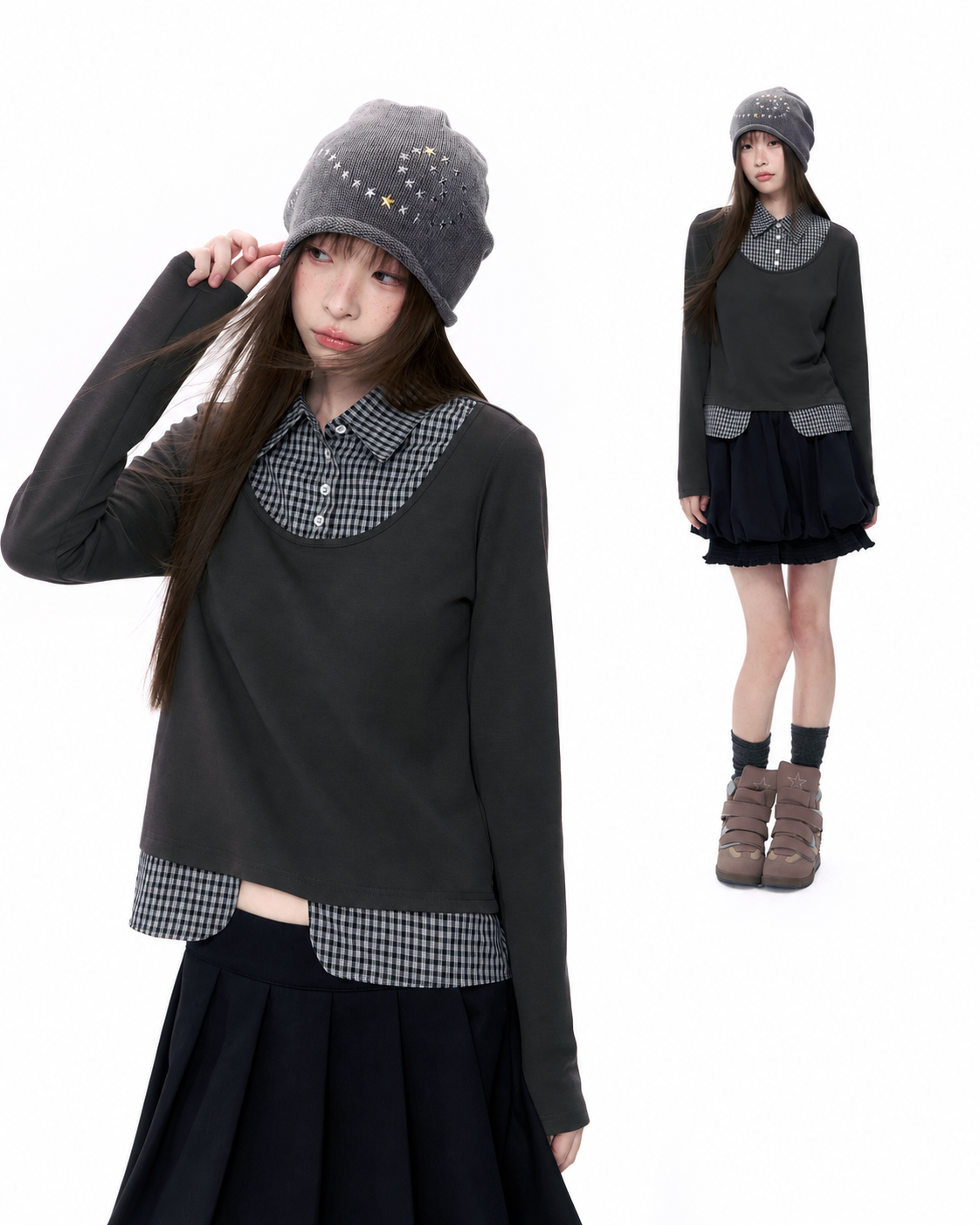 Plaid Collar Faux-Layer Long Sleeve Top
