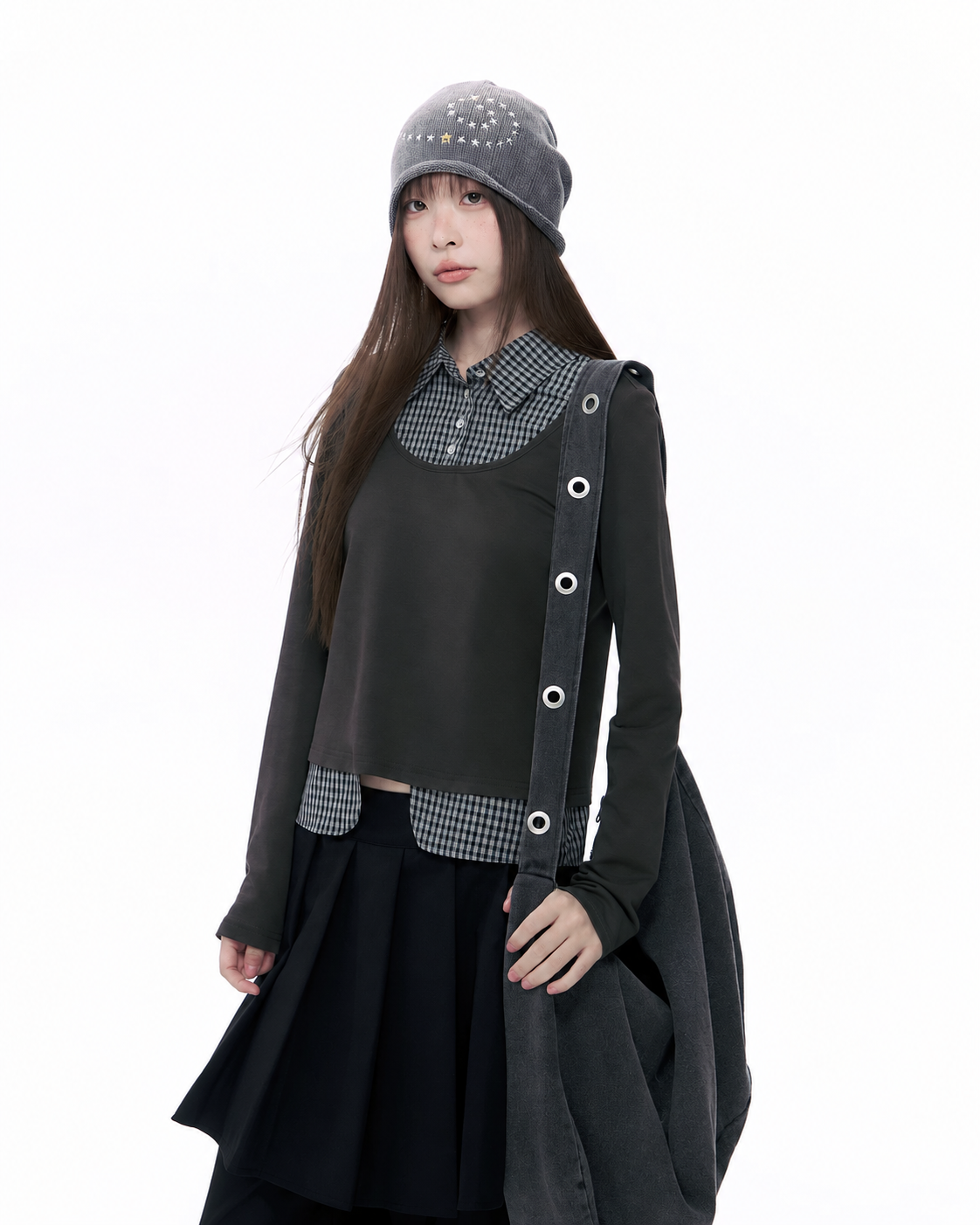 Plaid Collar Faux-Layer Long Sleeve Top