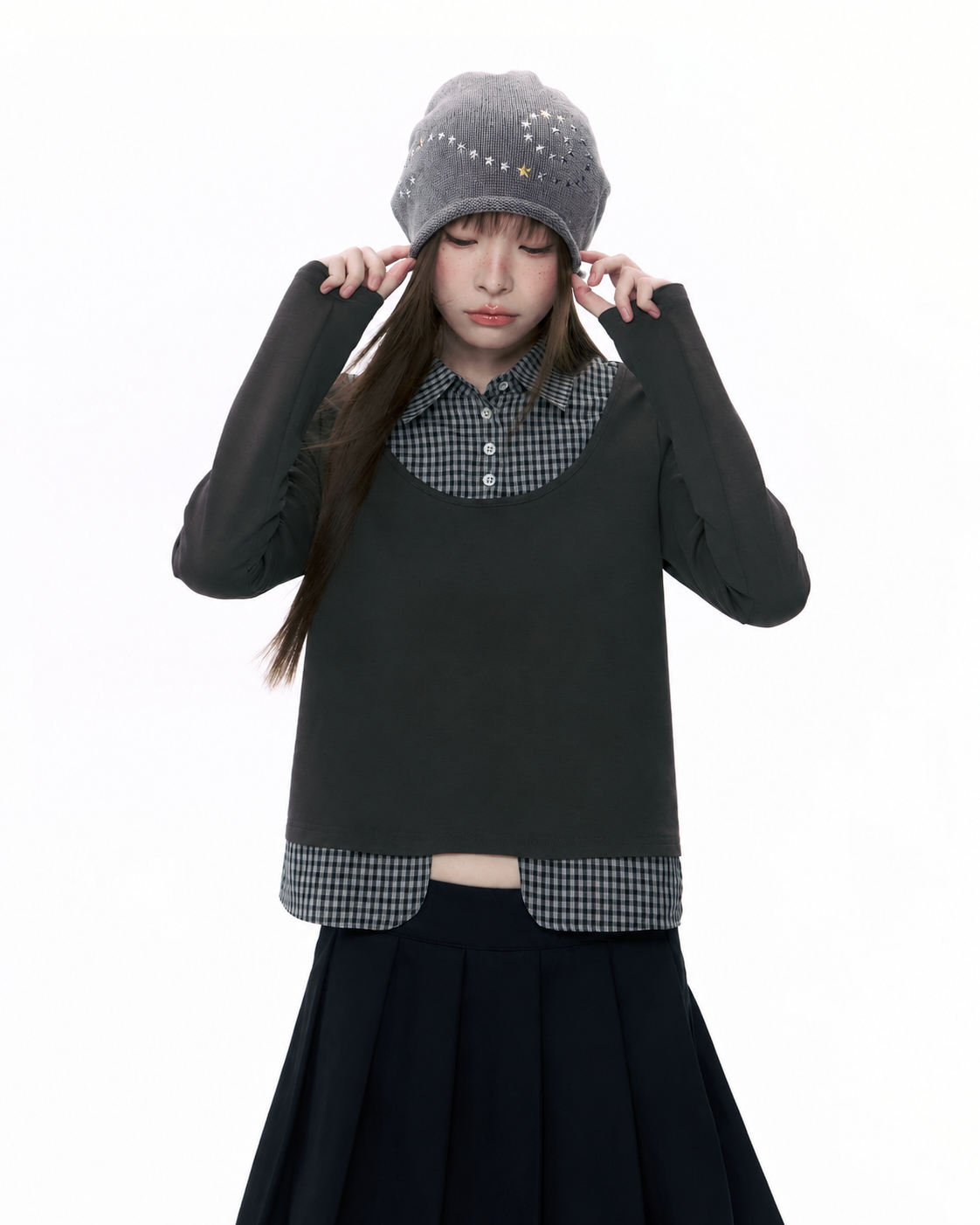 Plaid Collar Faux-Layer Long Sleeve Top