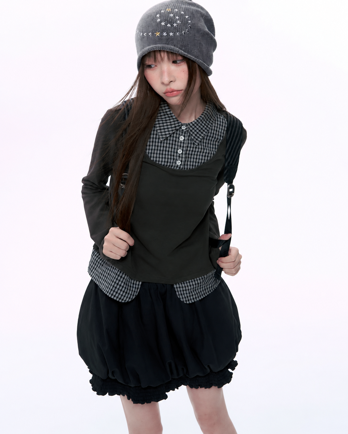 Plaid Collar Faux-Layer Long Sleeve Top