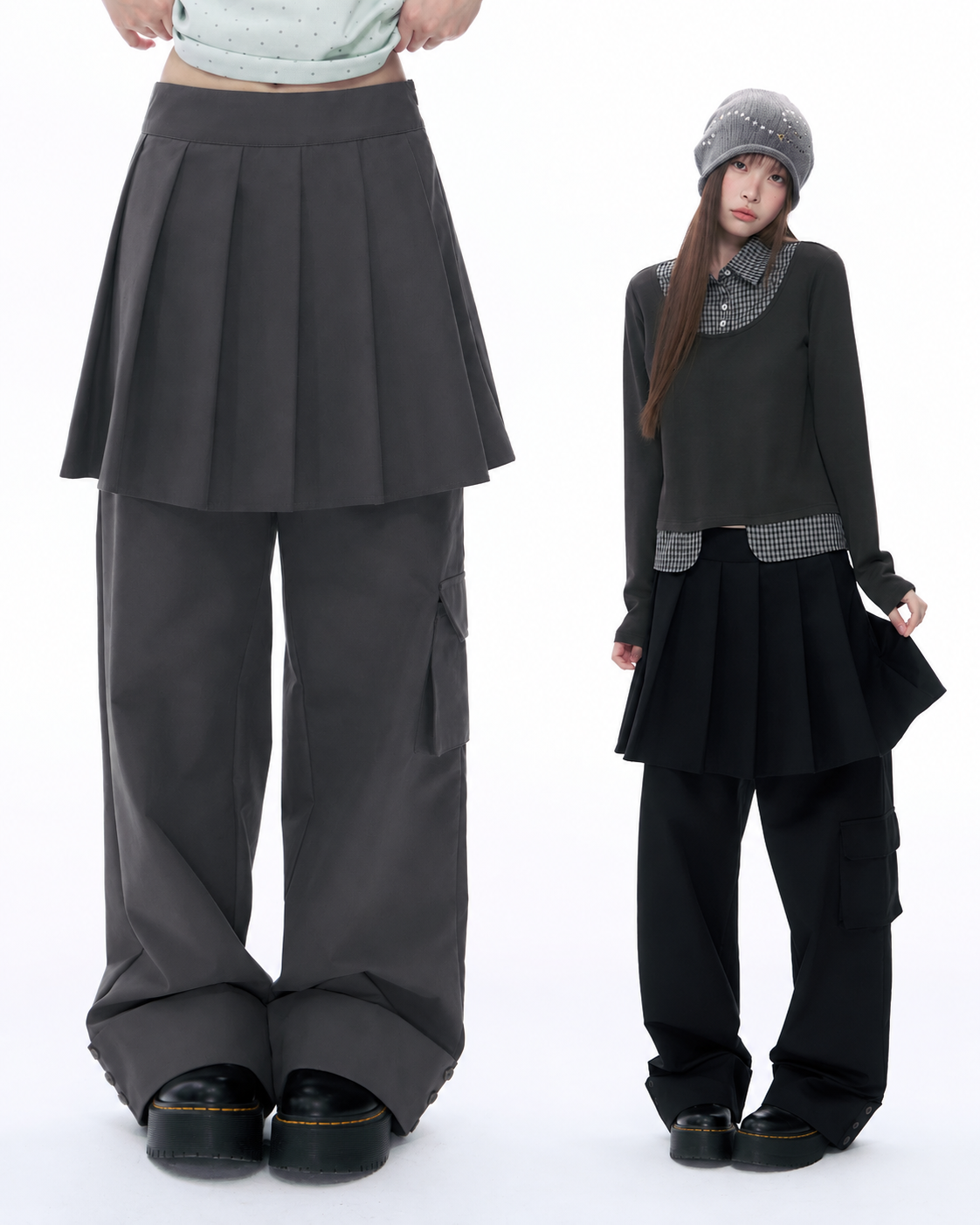 Pleated Skirt-Overlay Cargo Wide-Leg Pants